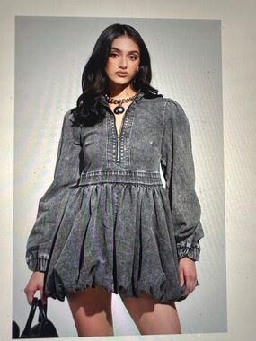AKIRA Washed Denim Charcoal Bubble Mini Dress